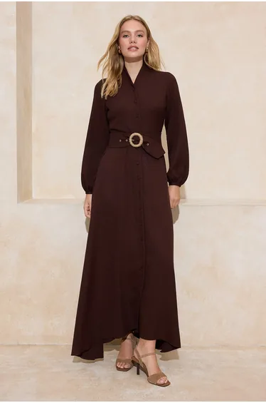 Brown Woven Dress with Straw Belt