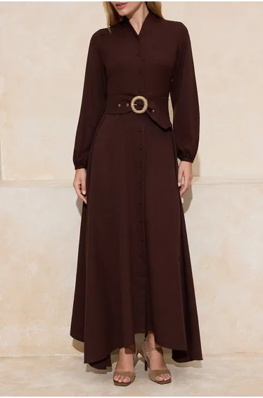 Brown Woven Dress with Straw Belt