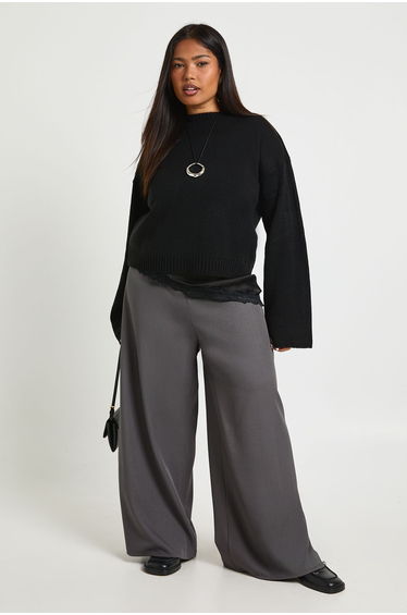 Plus Woven Elasticated Waist Drawstring Wide Leg Trouser - charcoal