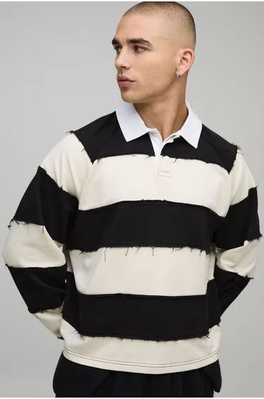 Oversized Shrunken Distressed Long Sleeve Rugby Polo - black