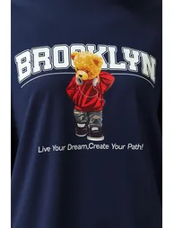 Navy Blue 100% Cotton Printed Oversize/Wide Fit Crew Neck Knitted T-Shirt - 4