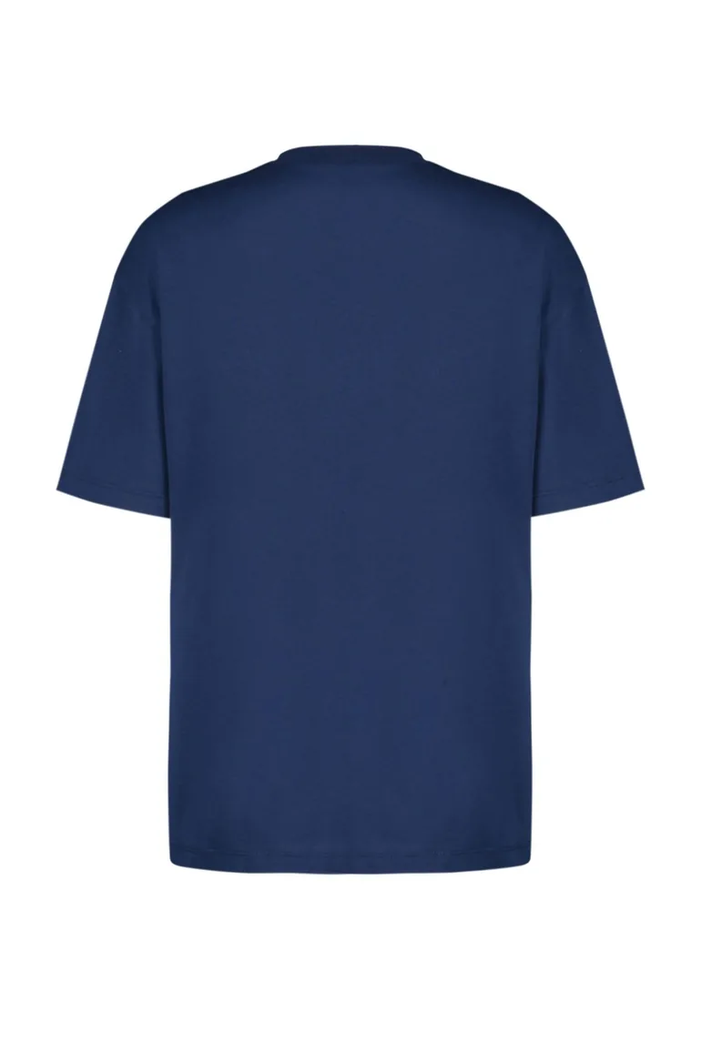 Navy Blue 100% Cotton Printed Oversize/Wide Fit Crew Neck Knitted T-Shirt - 7