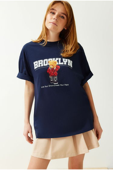 Navy Blue 100% Cotton Printed Oversize/Wide Fit Crew Neck Knitted T-Shirt