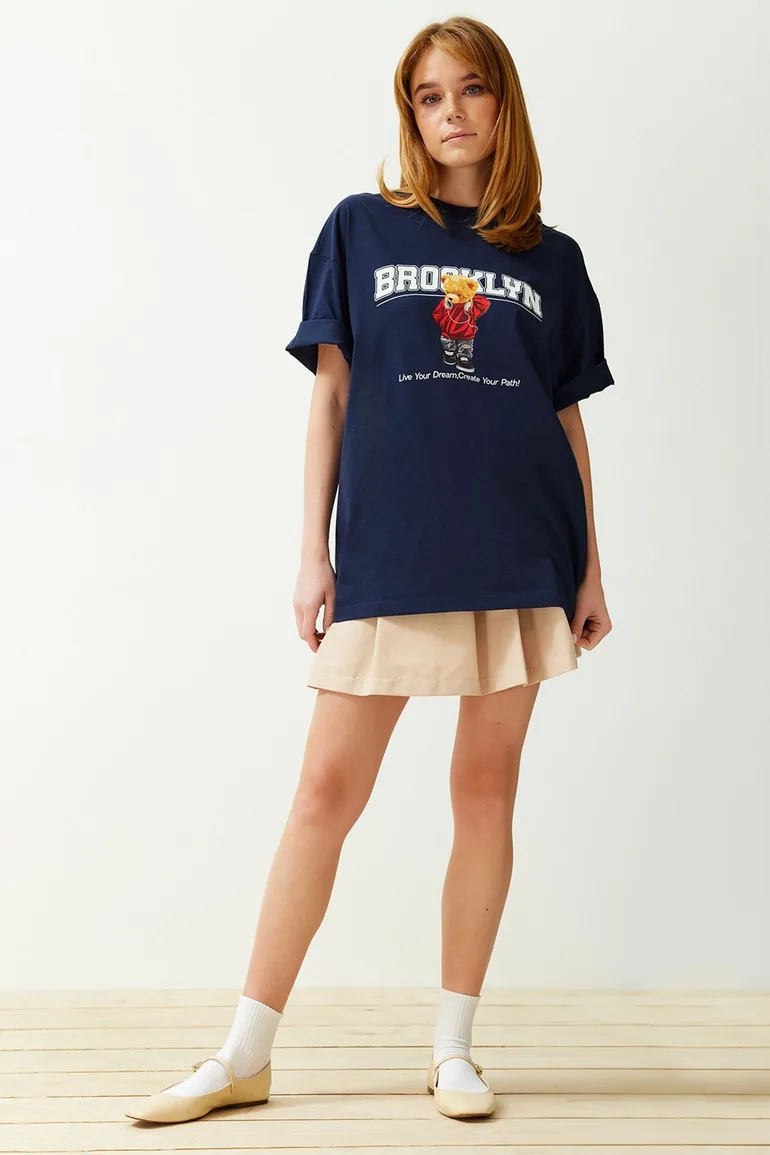 Navy Blue 100% Cotton Printed Oversize/Wide Fit Crew Neck Knitted T-Shirt - 2