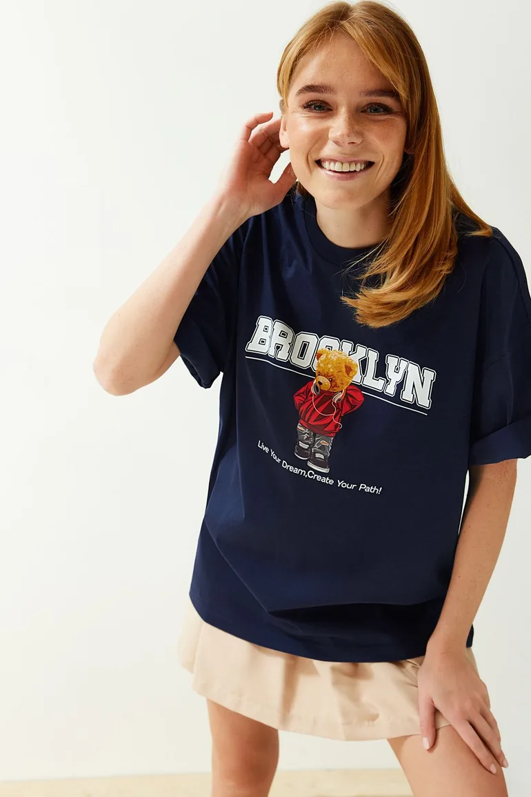 Navy Blue 100% Cotton Printed Oversize/Wide Fit Crew Neck Knitted T-Shirt - 1