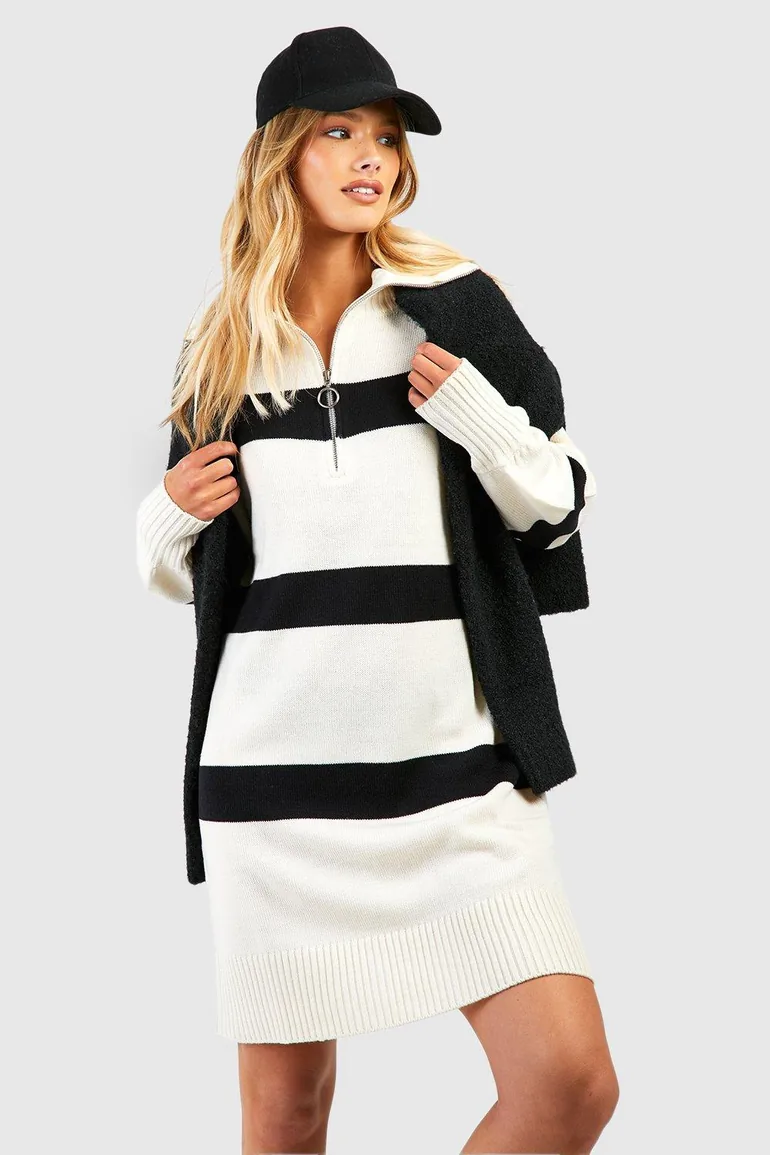Shop Half Zip Stripe Jumper Dress - ivory Online in Oman Shop Half Zip Stripe Jumper Dress - ivory Online in Oman