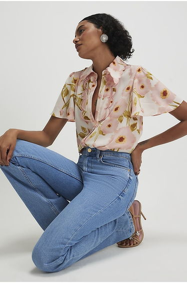 Pink Floral Angel Sleeve Scallop Trim Top