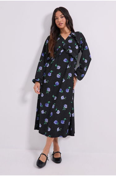 Petite Floral Empire Seam Frill Detail Jersey Midi Dress