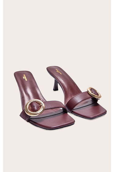 Wide Fit Burgundy Pu Square Toe Buckle Detail Low Heeled Mules