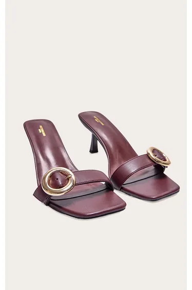 Wide Fit Burgundy Pu Square Toe Buckle Detail Low Heeled Mules