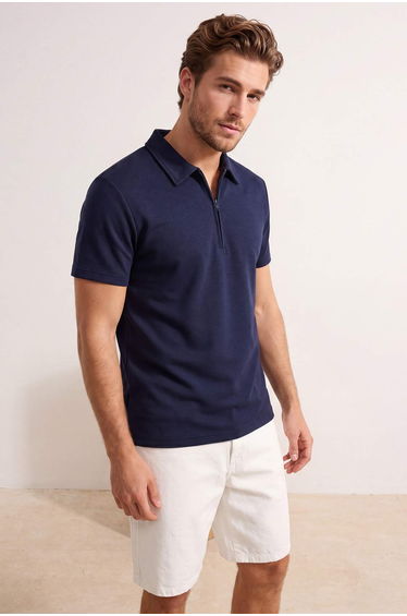 Premium Navy Blue Regular/Normal Cut Pique Zippered Polo Collar T-Shirt