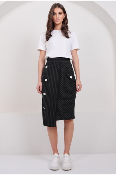 Women's Black-Striped Wrap Cut Ornamental Pocket Unlined Midi Length Skirt