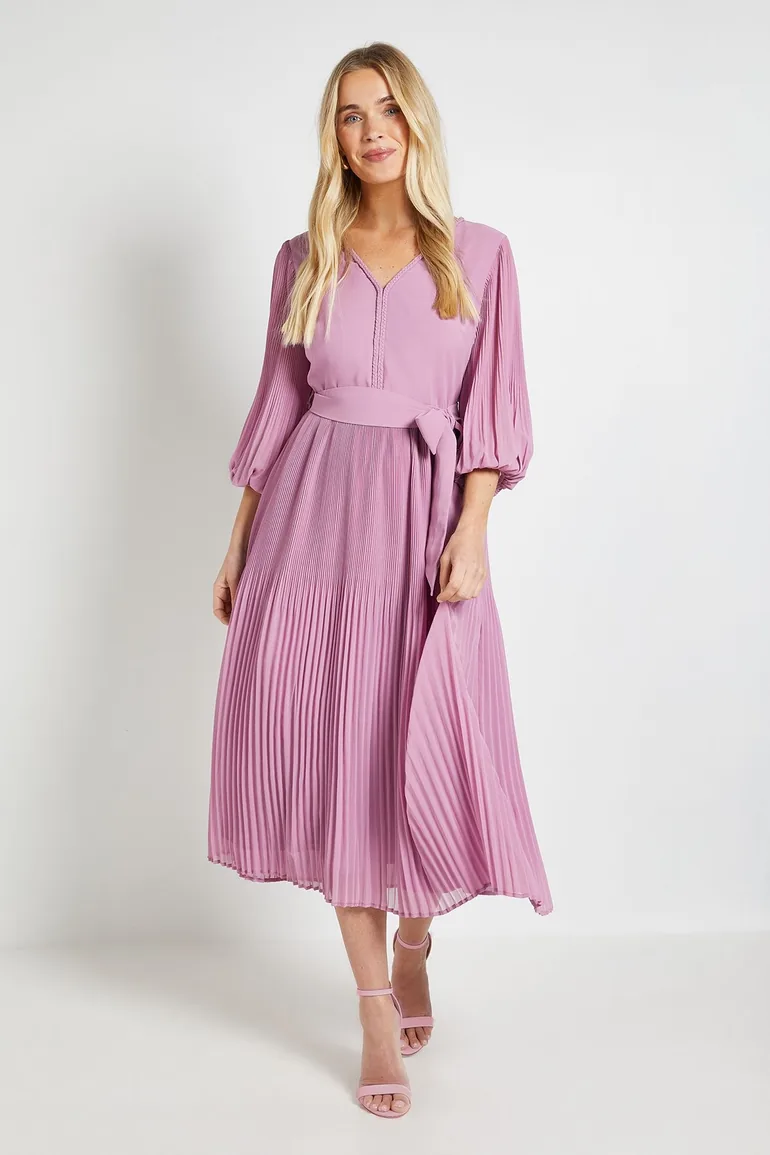 Petite Chiffon Plait Detail Pleated Midi Dress