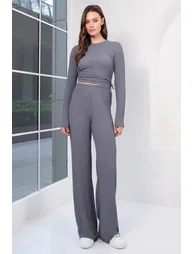 Women's Indigo Seersucker Fabric Gathered Side Blouse and Pants Set - 4