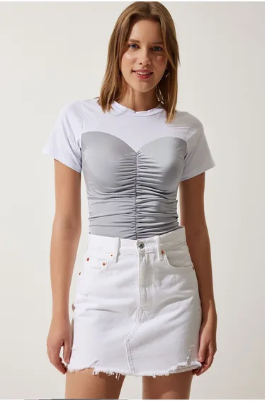 Women's White Gray Color Block Color Knitted Blouse