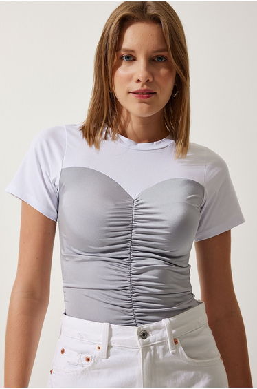 Women's White Gray Color Block Color Knitted Blouse