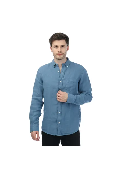 قميص بقماشة لينن ازرق بأزرار جيوب