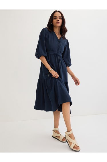 Dark Blue Cotton Knot Detail Midi Dress