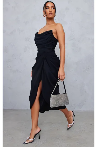 فستان ميدي كورسية شيفون بثنيات بأكتاف مكشوفة - أسود