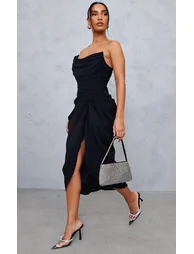Black Chiffon Corset Bandeau Draped Midi Dress