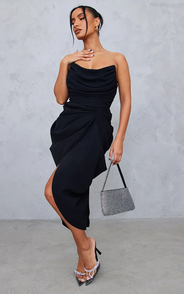 Black Chiffon Corset Bandeau Draped Midi Dress - 1
