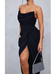 Black Chiffon Corset Bandeau Draped Midi Dress - 3