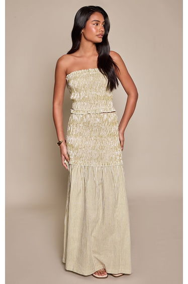 Sage Pinstripe Shirred Contrast Maxi Skirt