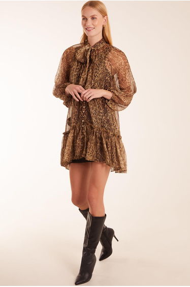 Leopard Print Bow Frill Shirt Dress