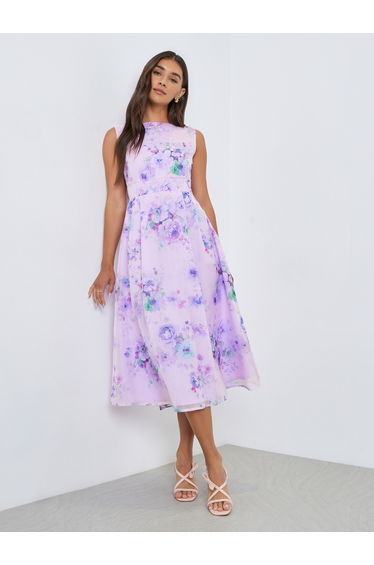 Lilac Floral Sleeveless Midi Dress