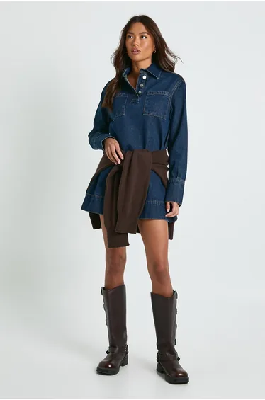 فستان دينيم بأكمام طويلة - كحلي