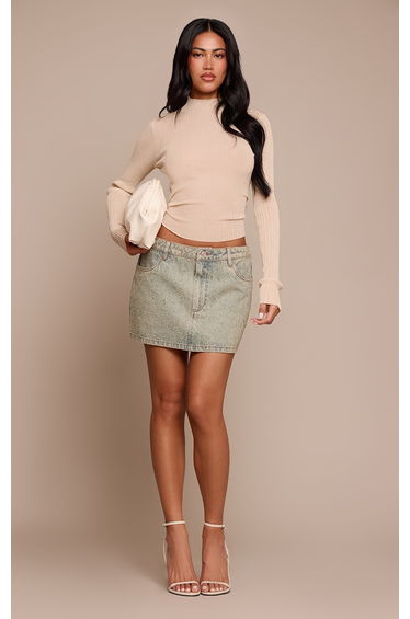 Vintage Wash Mid Rise Hotfix Micro Mini Denim Skirt