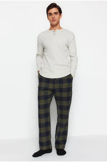 Khaki Comfortable Plaid Woven Pajama Bottoms