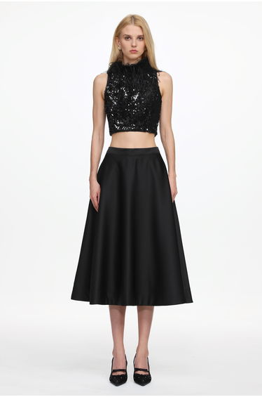 Chic Contonur Sleeveless Feather Sequin Velvet Top and Satin Skirt Set