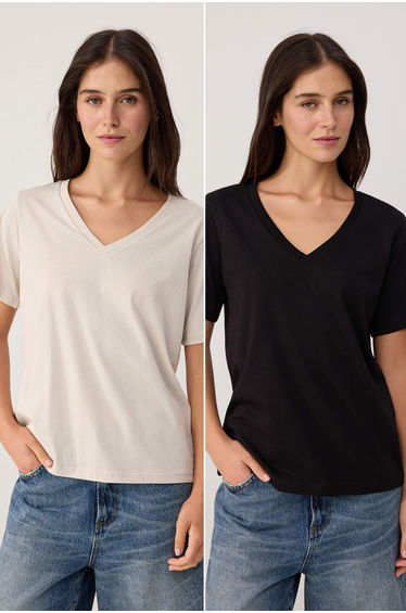 Stone-Black 100% Cotton 2-Pack Regular Fit Basic V-Neck Knitted T-Shirt