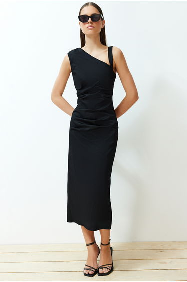 Black Limited Edition Fitted Asymmetric Collar Detailed Woven Dress