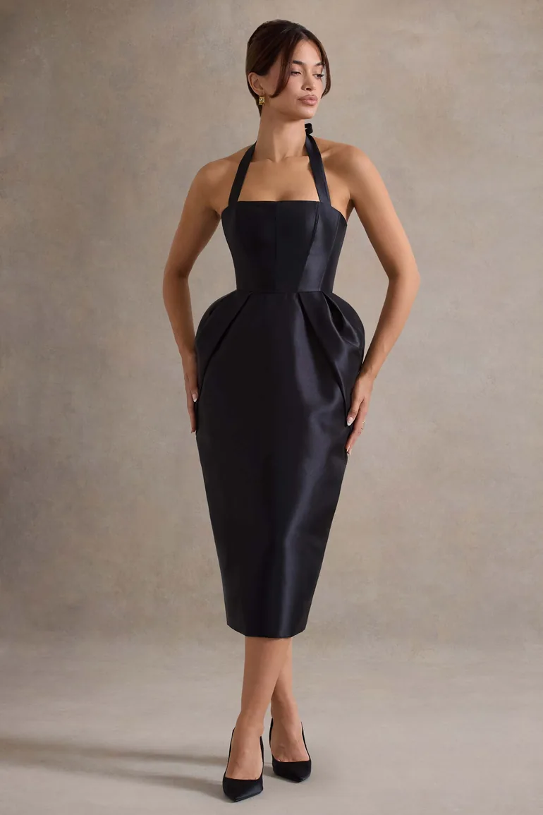 halter midi dress with draped tulip skirt Shop Cosetta