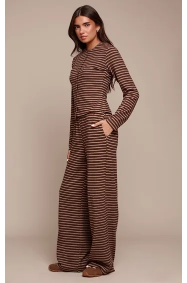 Dark Brown Soft Fleece Striped Button Up Top