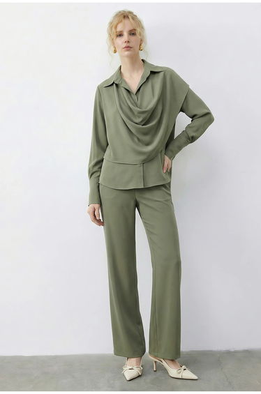 LUCCI Shawl Detailed Blouse and High Waist Wide Leg Pants Two-Piece Set
