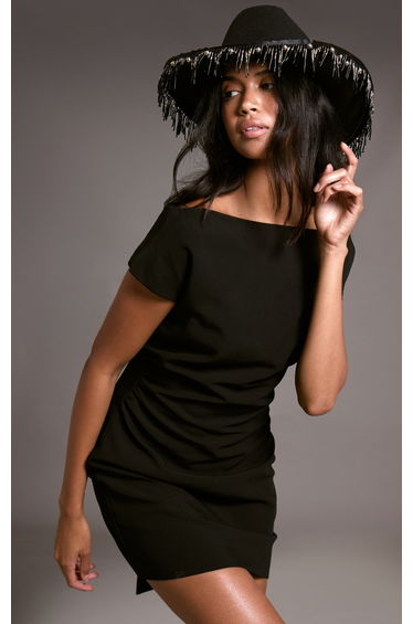 Black Woven Drape Sleeve Mini Dress
