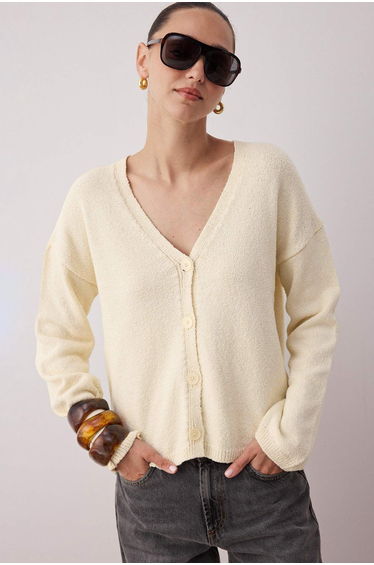 Ecru More Sustainable Cotton Blend Basic Wide Pattern Knit Cardigan