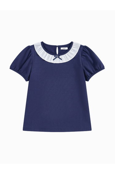 Girls' Short Sleeve T-Shirt With Ribbon And Ribbed Neck Detail