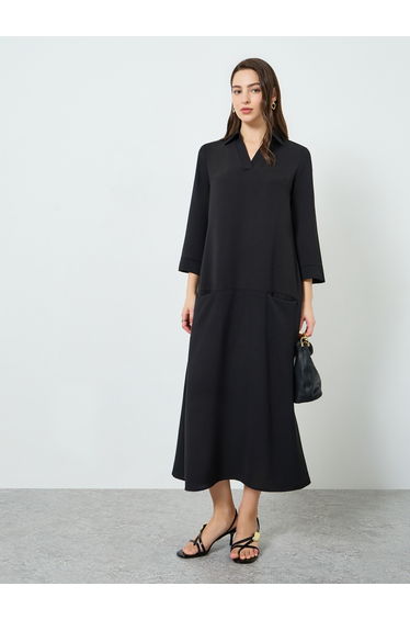 Women Black A-Line Maxi Dress with 3/4 Sleeves