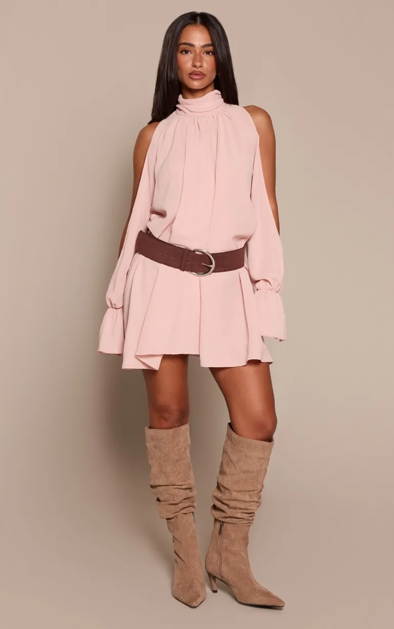 petite pink mini dress Women's Petite Pink Layered Ruffle Chiffon Halterneck Mini Dress