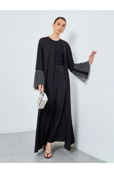 Mesh Insert Sleeve Open Front Abaya