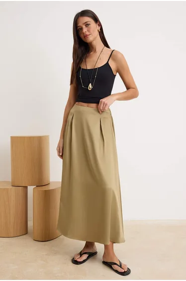 Oil Green Long Maxi Satin Skirt