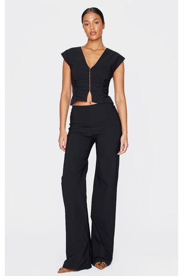 Tall Black Stretch Woven Mid Rise Wide Leg Trousers