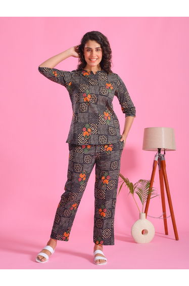 Pure Cotton Printed Notch Neck Top and Pyjama Set