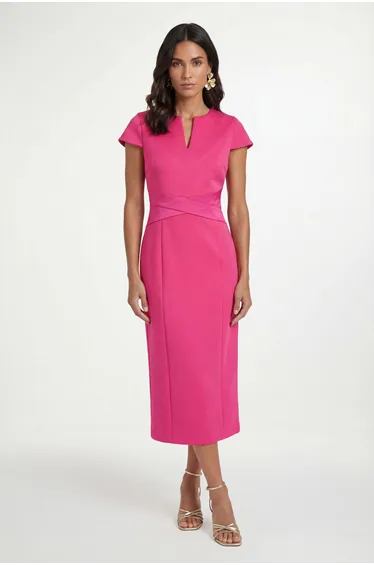 Scuba Crepe Wrap Waist Midi Dress