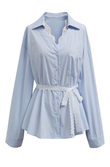 Lace Trimmed Button Down Cotton Shirt in Blue