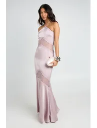 Satin & Lace Strappy Halterneck Maxi Slip Dress - lilac - 1